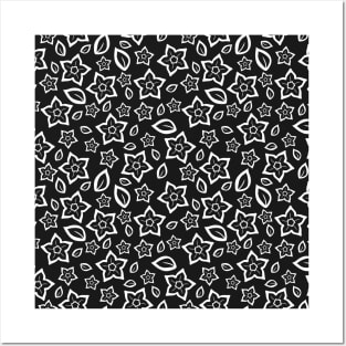 White Over Black Abstract Line Art Flower Pattern Posters and Art